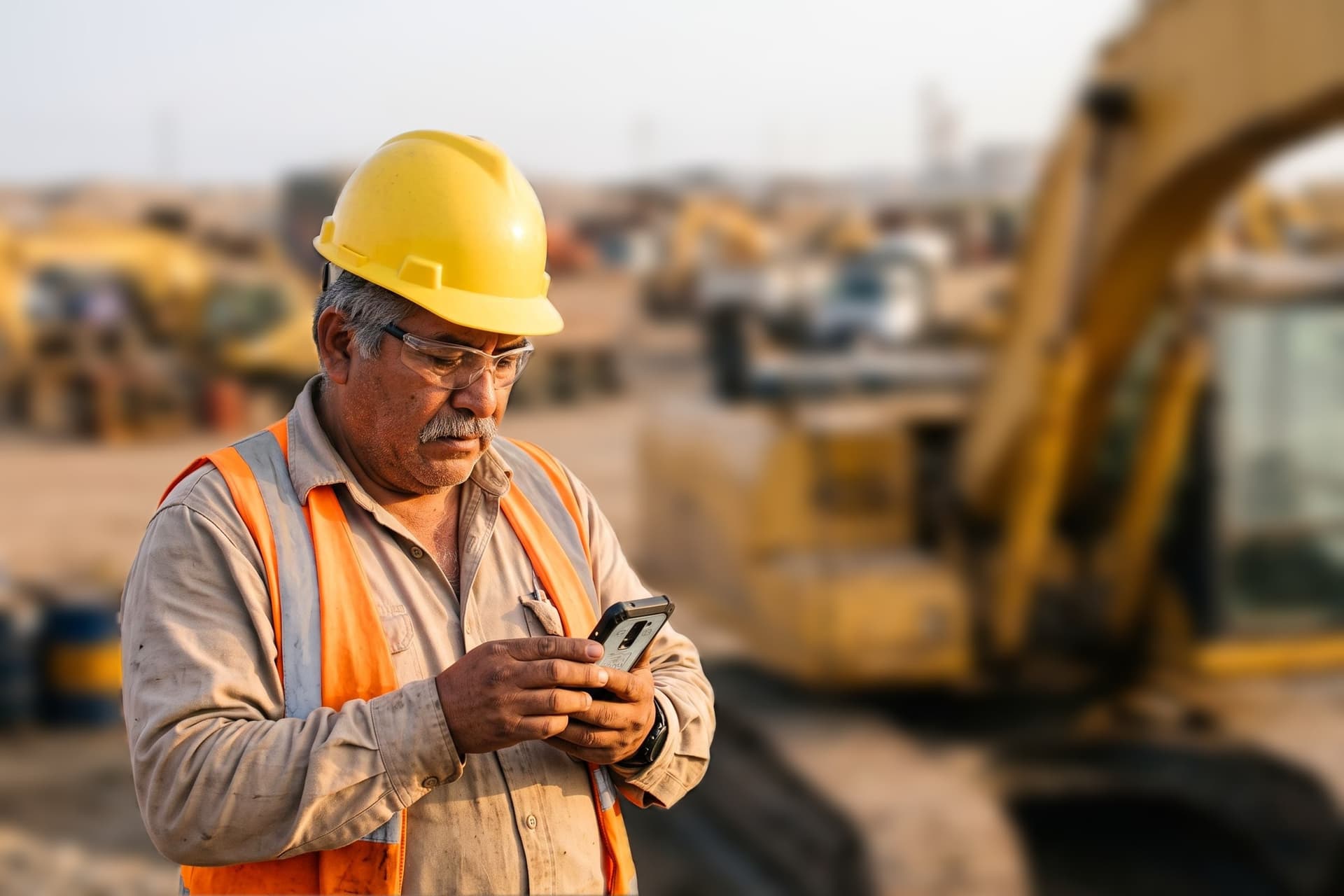 Supervisor de mantenimiento revisando su celular junto a una excavadora