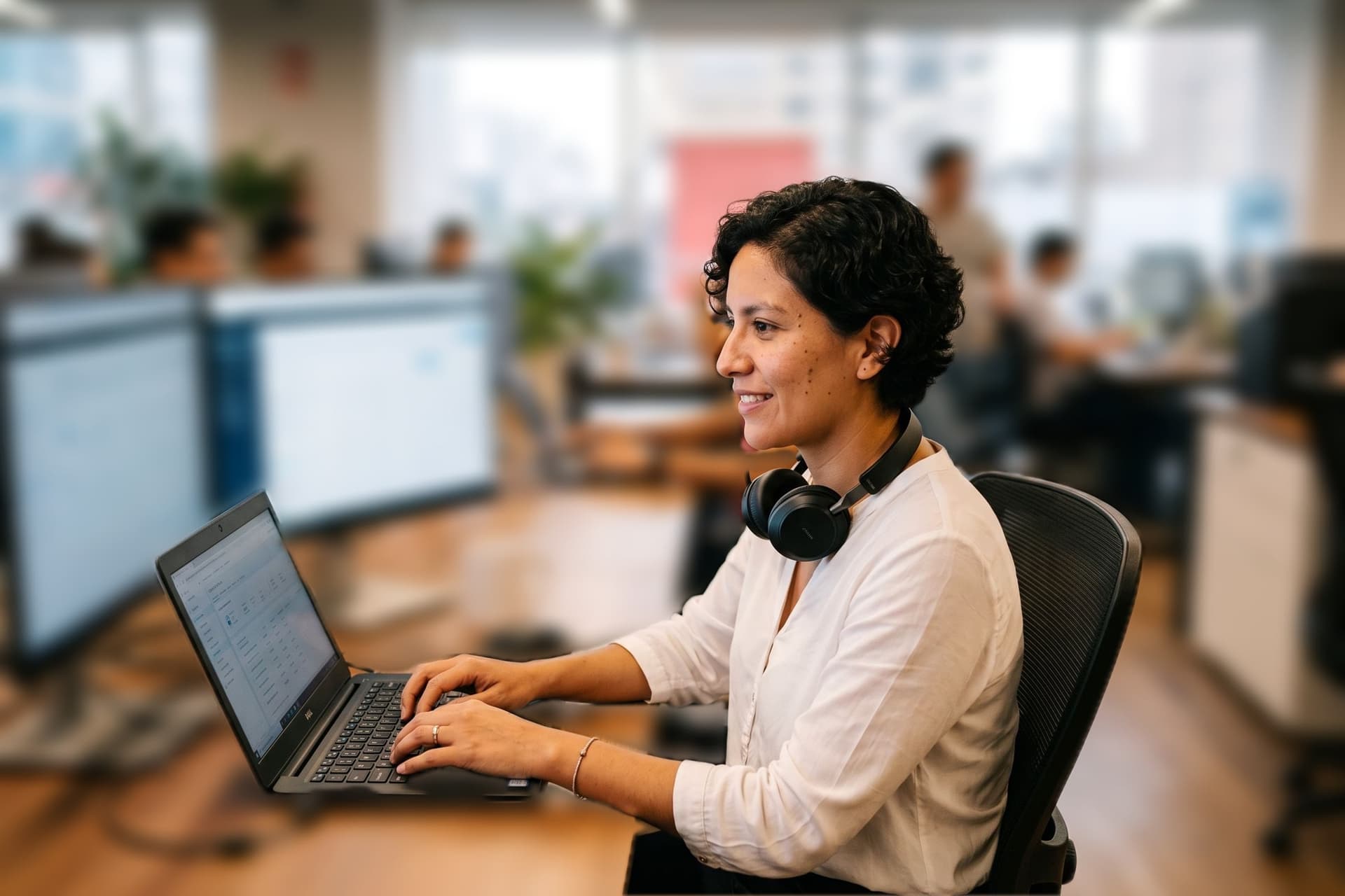 Gerente de customer success frente a sus monitores en una empresa de software